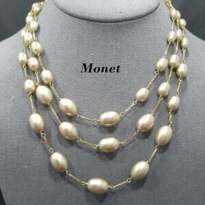 Monet 3-Strand Taupe Faux Pearl Necklace, Adjustable Toggle, Vintage 1990s